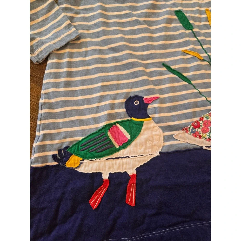 MiniBoden Kids Blue White Striped Duck Applique Long Sleeve Cotton Dress 9-10yrs